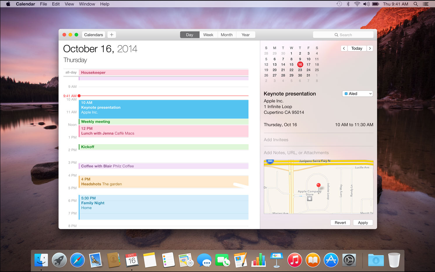 Screenshot of Yosemite's Calendar app, with a red background showing through the sidebar